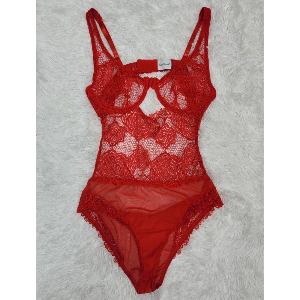 Elegant Moments Red Lace Sheer Bodysuit **Bundle 3/$15